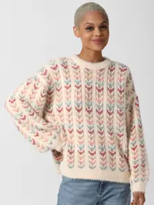 FOREVER 21 Women Beige Geometric Printed Pullover with Fuzzy Detail