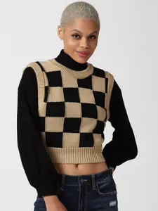 FOREVER 21 Women Black & Beige Checked Crop Pullover