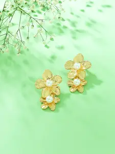 ToniQ Women Gold-Toned Contemporary Pearl Flower Studs