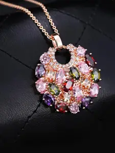Yellow Chimes Women Rose-Gold Plated Pink & Green CZ Studded Pendant With Chain