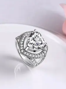 Yellow Chimes Platinum-Plated Silver-Toned & White Crystal-Studded Finger Ring