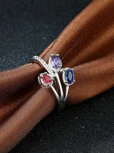 Yellow Chimes Silver-Toned & Blue Crystal Stone Studded 18K Platinum-Plated Finger Ring