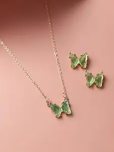 Yellow Chimes Yellow Chimes Gold-Plated & Green Crystal-Studded Butterfly Pendant Set