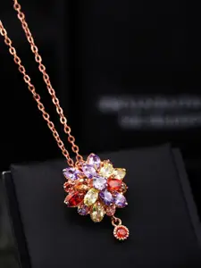 Yellow Chimes Rose Gold-Toned Purple & Red CZ-Studded Pendant With Chain