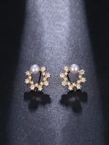 Yellow Chimes Gold-Plated & White Crystal Pearl Studded Floral Studs Earrings