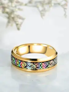 Yellow Chimes Men Gold-Toned & Black Celtic Inlay Finish Stainless Steel Band Finger Ring
