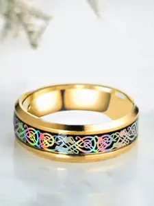 Yellow Chimes Men Gold-Toned & Black Celtic Inlay Finish Stainless Steel Band Finger Ring