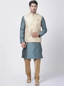 VASTRAMAY Men Blue Kurta with Churidar & Nehru Jacket