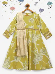 Ahalyaa Girls Yellow & White Floral Round Neck Crepe Ethnic A-Line Dress