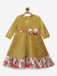 Ahalyaa Girls Mustard Yellow Velvet Ethnic A-Line Maxi Dress