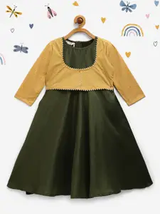 Ahalyaa Girls Olive Green & Mustard Yellow Floral Maxi Dress