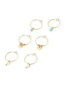 Accessorize London Women Set Of 3 Gold-Toned Turquoise & Pearl Hoop Earrings