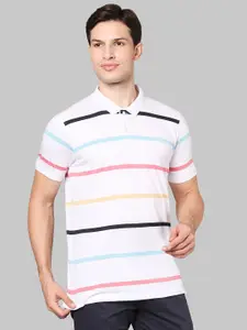Park Avenue Men White & Black Striped Mandarin Collar Slim Fit T-shirt