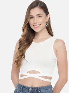 LE BOURGEOIS White Solid Crop Fitted Top