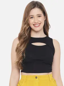 LE BOURGEOIS Black Solid Crop Fitted Top