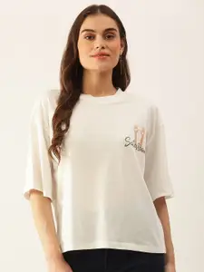 Besiva Women White Printed Drop-Shoulder Sleeves T-shirt