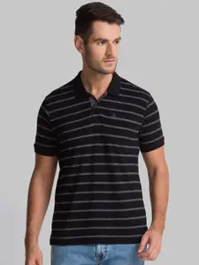 Parx Men Black Grey Striped Polo Collar Pockets Pure Cotton T-shirt