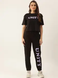 Besiva Women Black & Lavender Typography Print T-shirt with Joggers Co-Ords
