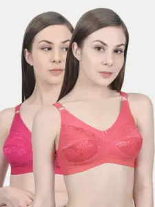 Innocence Pink & Peach-Coloured Non Padded Non wired Lace Floral Bra Set Of 2