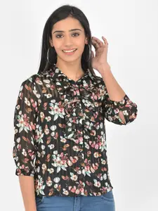 Latin Quarters Women Black Floral Printed Shirt Style Top