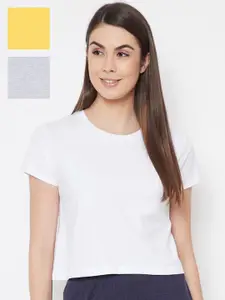 Clovia Pack Of 3 Women White & Yellow Solid Crop Lounge T-Shirts