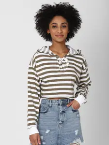 FOREVER 21 Women Brown Striped Hooded Sweatshirt