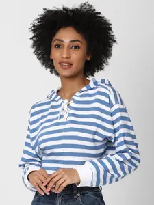 FOREVER 21 Women Blue & White Striped Drop-Shoulder Sleeves Hooded Crop Sweatshirt