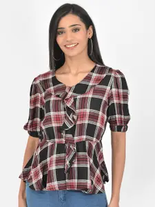 Latin Quarters Black & Maroon Checked Cinched Waist Top
