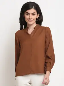 La Zoire Brown Mandarin Collar Georgette Shirt Style Top