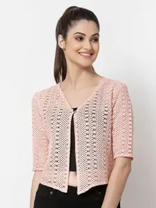 Style Quotient Women Peach-Coloured Self Design Button Shrug