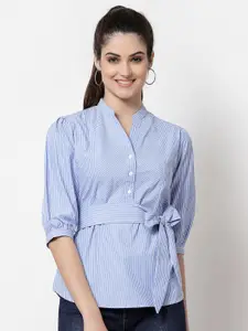 Style Quotient Blue Striped Mandarin Collar Shirt Style Top