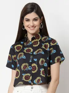 Style Quotient Women Black Comfort Boxy Floral Printed Crop Casual Shirt