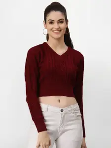 Miramor Women Red Cable Knit Crop Pullover