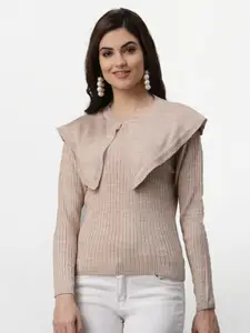 Miramor Women Beige Solid Ribbed Pullover