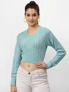 Miramor Women Acrylic Turquoise Blue Cable Knit Crop Pullover