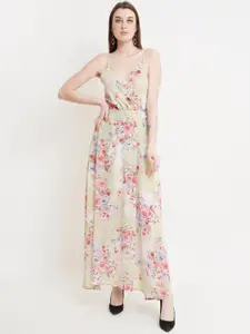 DODO & MOA Green & Red Floral Printed Georgette Maxi Dress