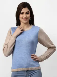 Miramor Women Blue & Beige Colourblocked Pullover