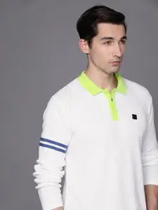WROGN Men White Self-Design Polo Collar Pure Cotton Slim Fit T-shirt