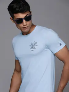 WROGN Men Blue Printed Slim Fit Pure Cotton T-shirt