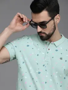 WROGN Men Mint Green & Pink Printed Polo Collar Pure Cotton Slim Fit T-shirt