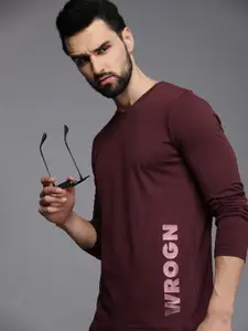 WROGN Men Burgundy Brand Logo Printed Pure Cotton Slim Fit T-shirt