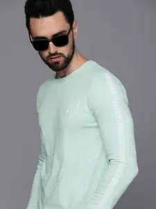 WROGN Men Sea Green & White Brand Logo Printed Pure Cotton Slim Fit T-shirt