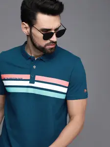 WROGN Men Teal Blue Striped Polo Collar Slim Fit Pure Cotton T-shirt