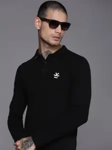 WROGN Men Black Brand Logo Printed Polo Collar T-shirt