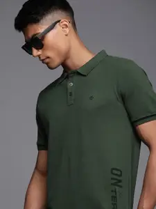 WROGN Men Olive Green Typography Print Polo Collar Pure Cotton T-shirt