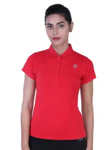 LAASA  SPORTS LAASA SPORTS Women Red Polo Collar Dry Fit Cotton Training or Gym T-shirt