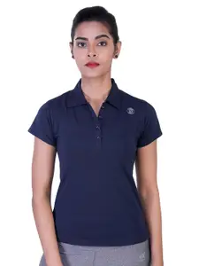 LAASA  SPORTS LAASA SPORTS Women Navy Blue Solid Polo Collar Training or Gym T-shirt