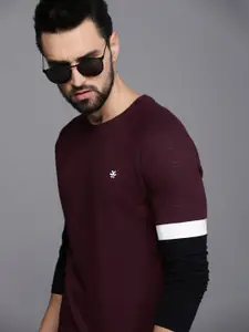 WROGN Men Maroon & Black Colourblocked Slim Fit Pure Cotton T-shirt