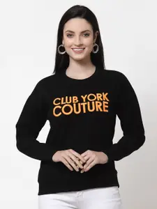 Club York Women Black Embroidered Cotton Sweatshirt