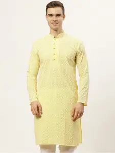 Jompers Men Yellow Thread Work Embroidered Chikankari Pure Cotton Kurta